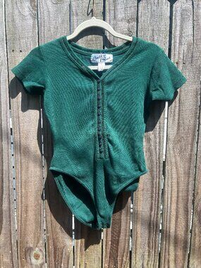 Vintage Betty Blue Bodysuit Green Henley Textured Stretch Cotton Blend  M